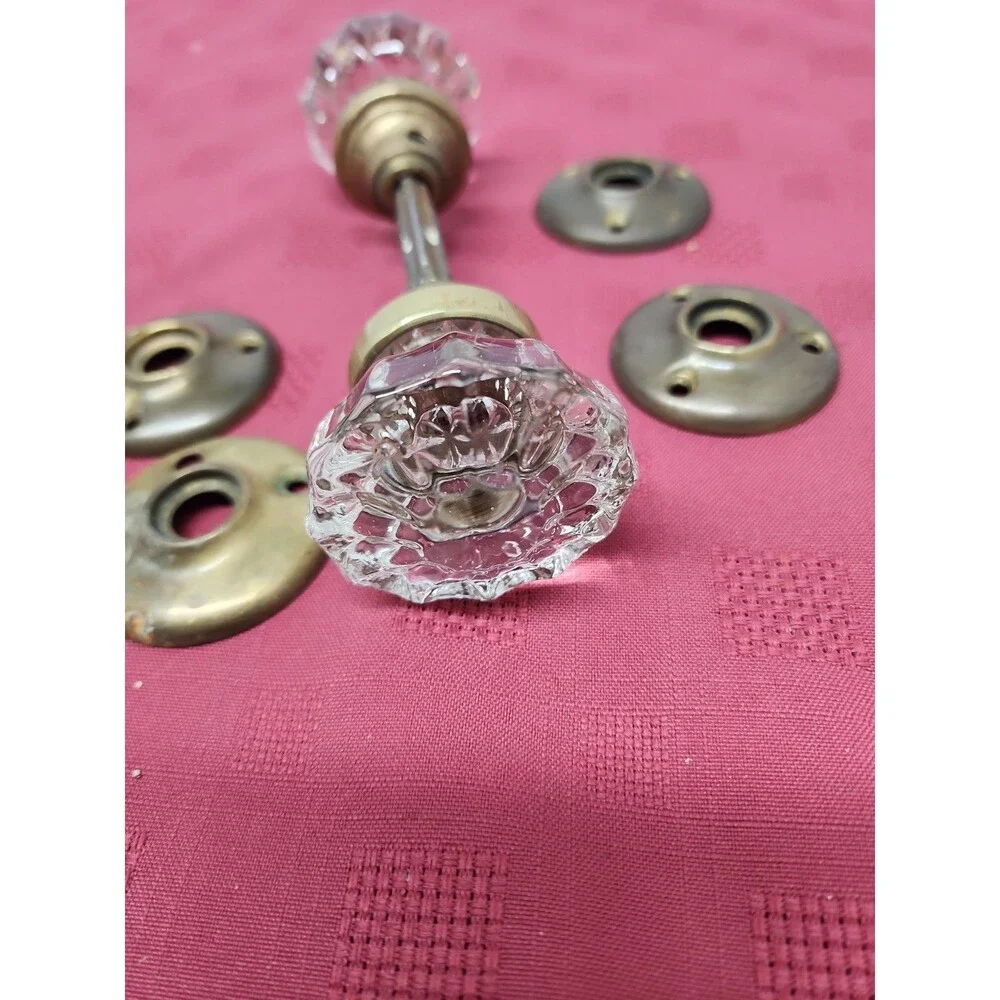 Vintage 12 Point Crystal Door Knob Sets With Spindle And Bezels Lot Of 2 ~ 1930s